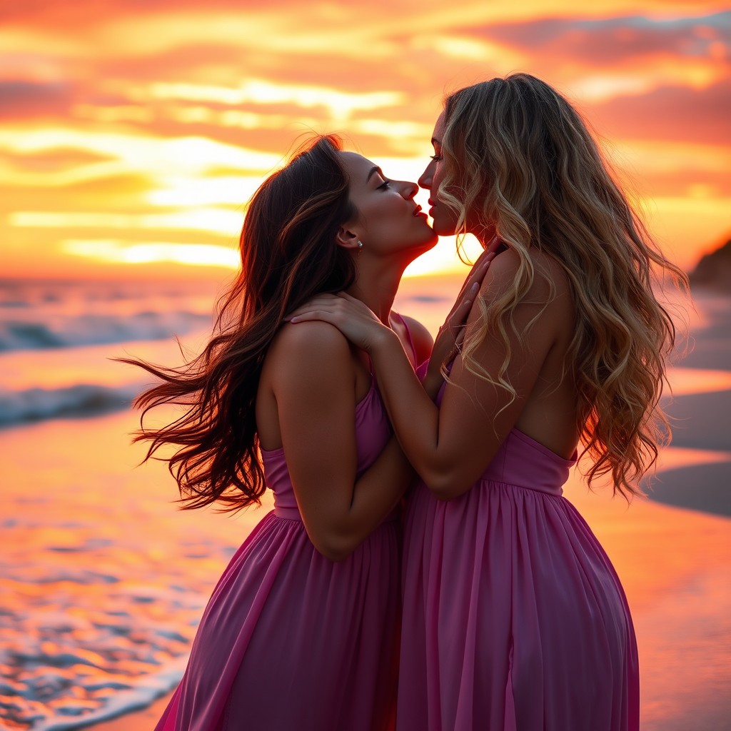 A romantic scene featuring two women passionately kissing in a vibrant sunset setting