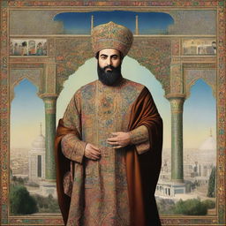 A grand portrait of the 'Tehran King' styled in elaborate royal raiment holding a scepter, presiding over the vibrant and bustling cityscape of Tehran