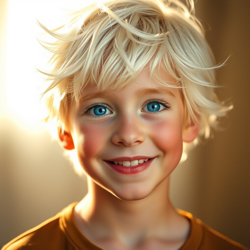 A striking portrait of a boy with vibrant white hair and captivating blue eyes, set against a soft, blurred background that adds depth to the image