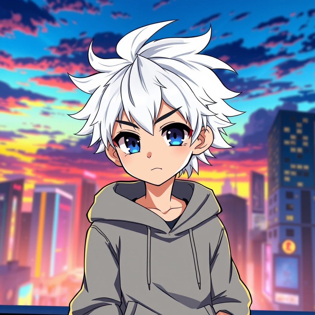 A stylized anime boy character with striking white hair and deep blue eyes