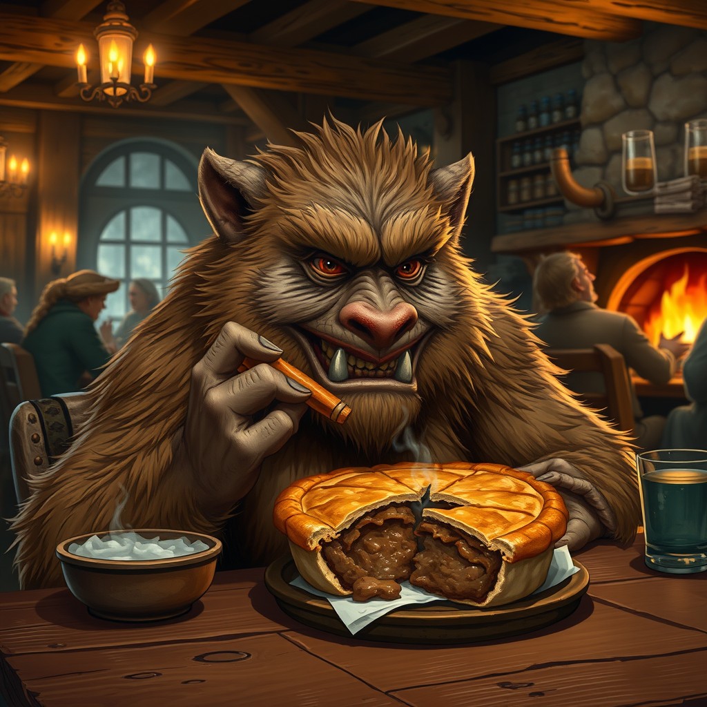A handsome bugbear character inspired by Dungeons and Dragons, with light brown fur and striking features, sitting comfortably in a cozy tavern