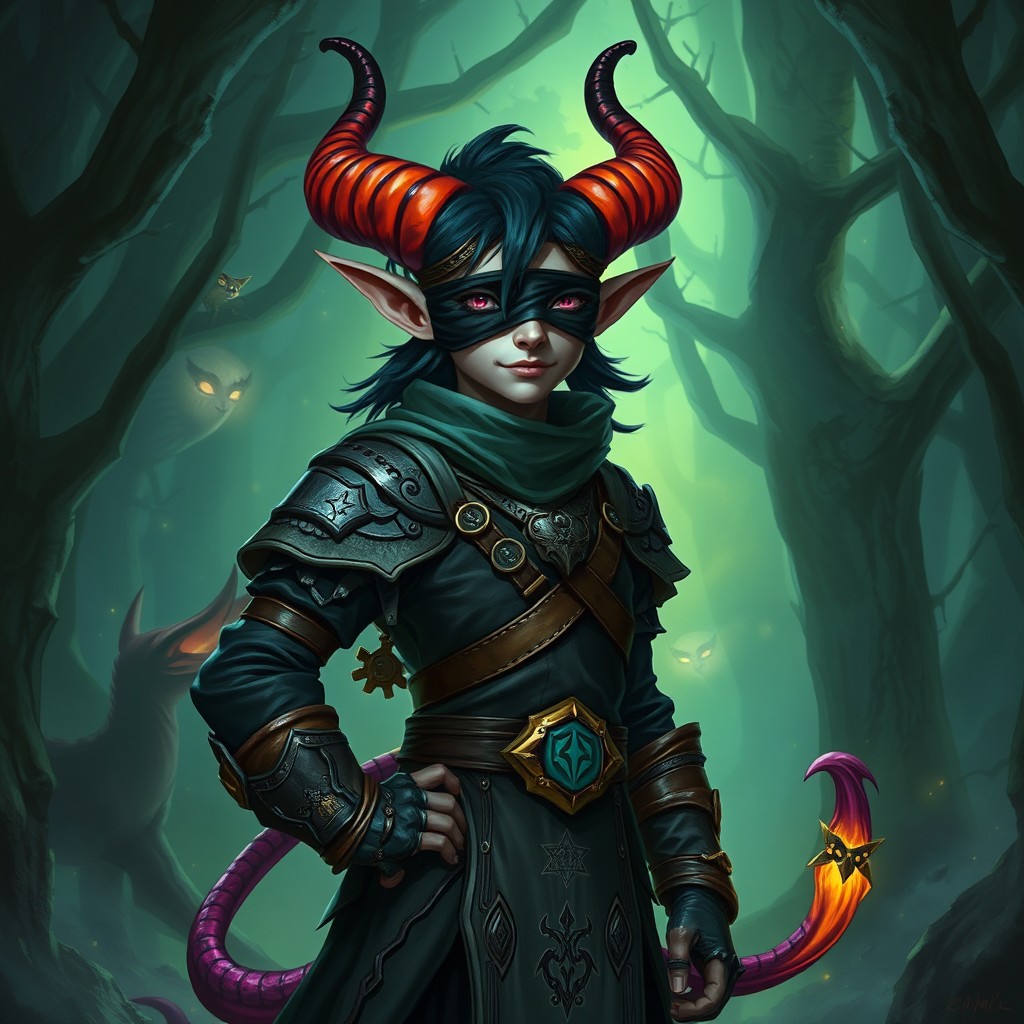 A blindfolded Tiefling character with bold, vibrant horns and a striking, colorful tail, standing confidently in a mysterious fantasy setting