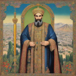 A grand portrait of the 'Tehran King' styled in elaborate royal raiment holding a scepter, presiding over the vibrant and bustling cityscape of Tehran