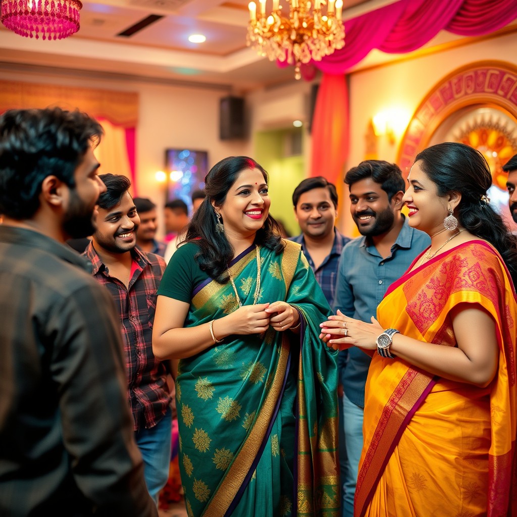 A vibrant and energetic scene depicting an Indian woman in her 40s, dressed in a colorful saree, engaged in a flirty conversation with a group of handsome men at a lively party