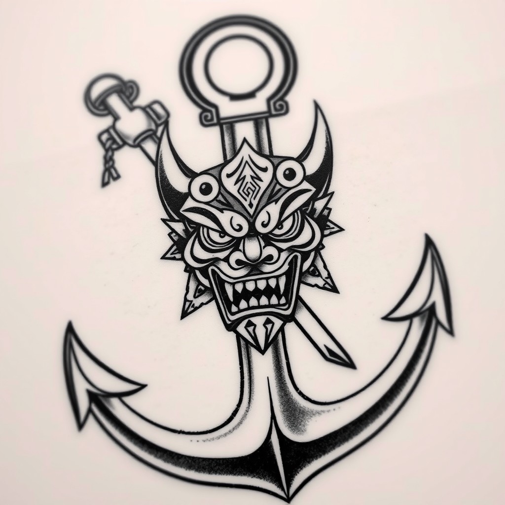 A classic tattoo design featuring an anchor, with an ominous Oni mask incorporated into the head of the anchor