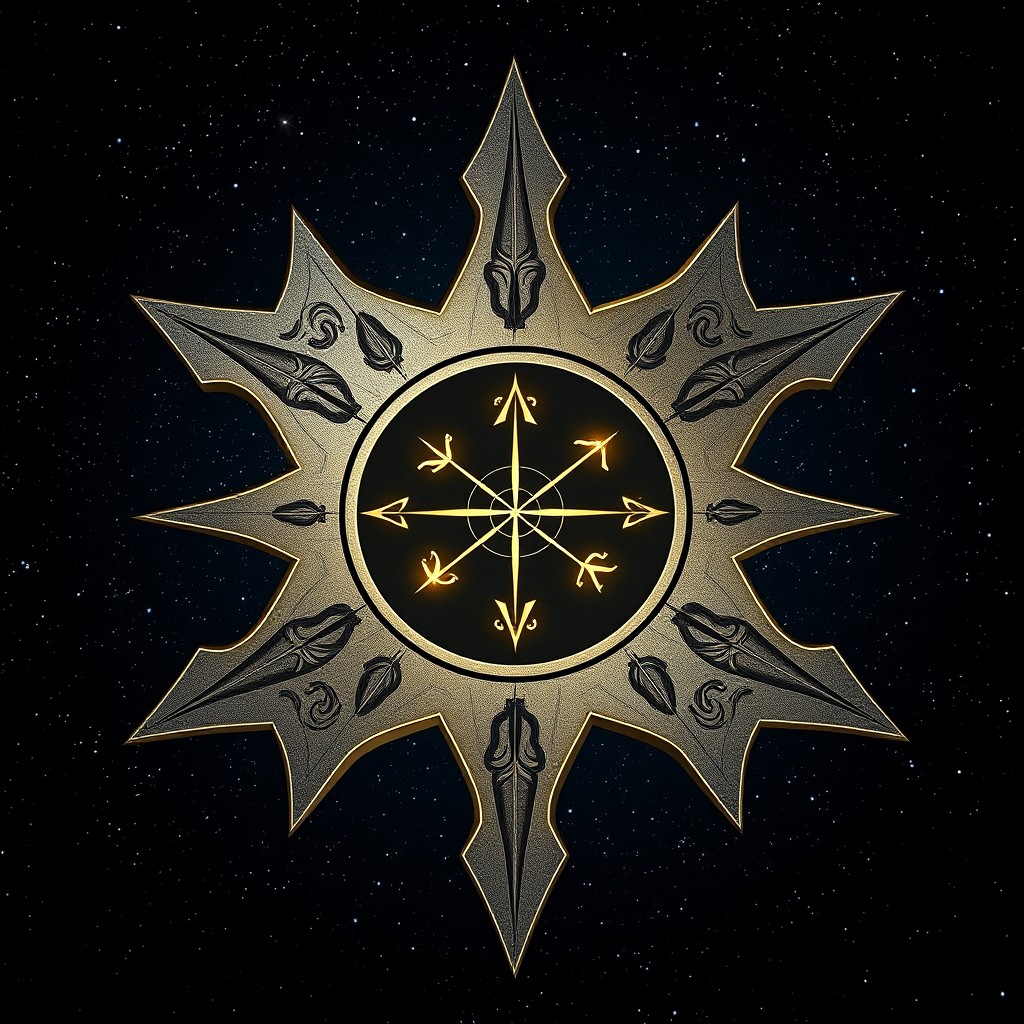 A stunning visual representation of a shuriken designed as a compass, featuring the Sagittarius constellation at its center