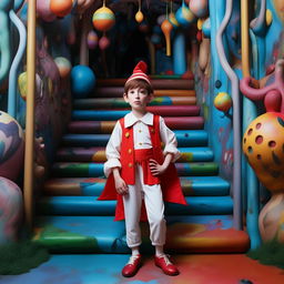 Pinocchio wearing a One-Piece anime costume in a vibrant and playful setting