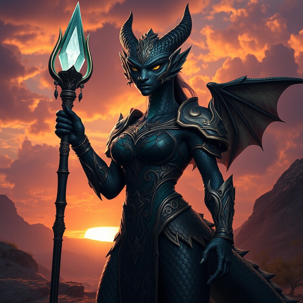 A powerful black female dragonborn humanoid, standing tall and proud, with scales that shimmer in shades of deep emerald and onyx