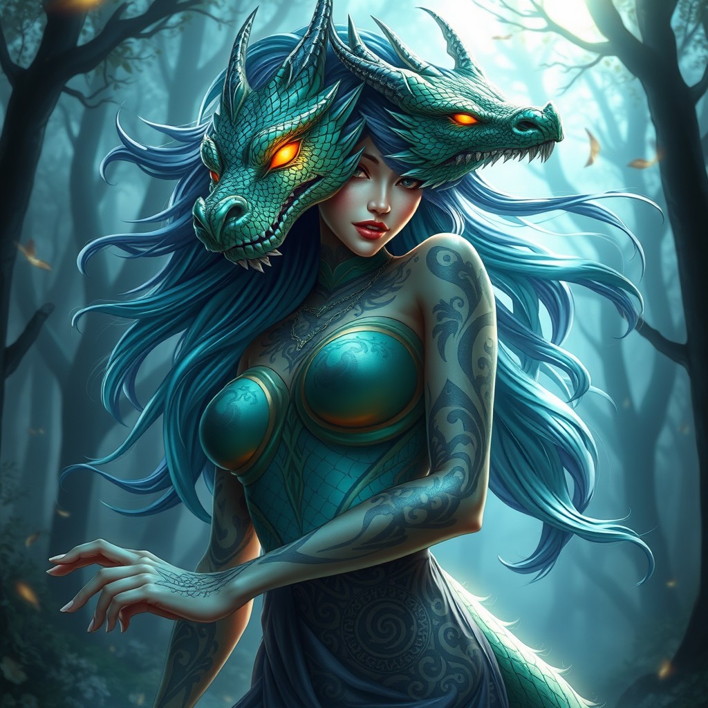 A stunning feminine dragon-faced humanoid character, with iridescent scales that shimmer in shades of emerald green and sapphire blue