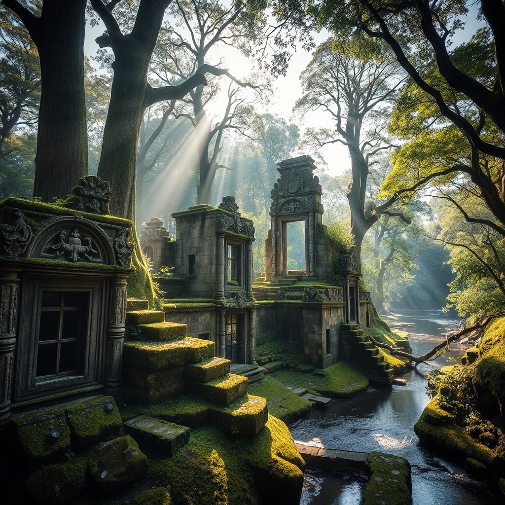 A breathtaking scene featuring ancient, weathered stone ruins surrounded by lush greenery
