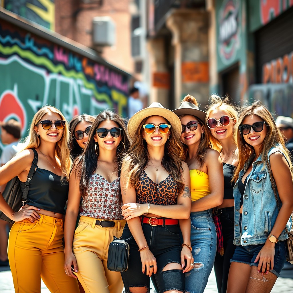 A group of confident and stylish women showcasing a variety of trendy outfits, exuding charisma and joy