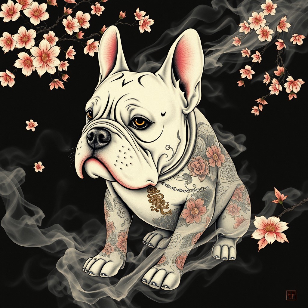 An American Bully (XL version) depicted as a ghostly dog shaped from smoke, combining elements of fusion tattoos that merge Sailor tradition with Japanese Irezumi