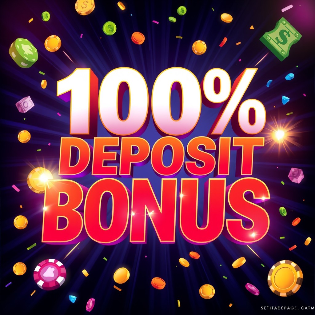 A visually striking and bold advertisement for a 100% deposit bonus, featuring vibrant colors and flashy graphics