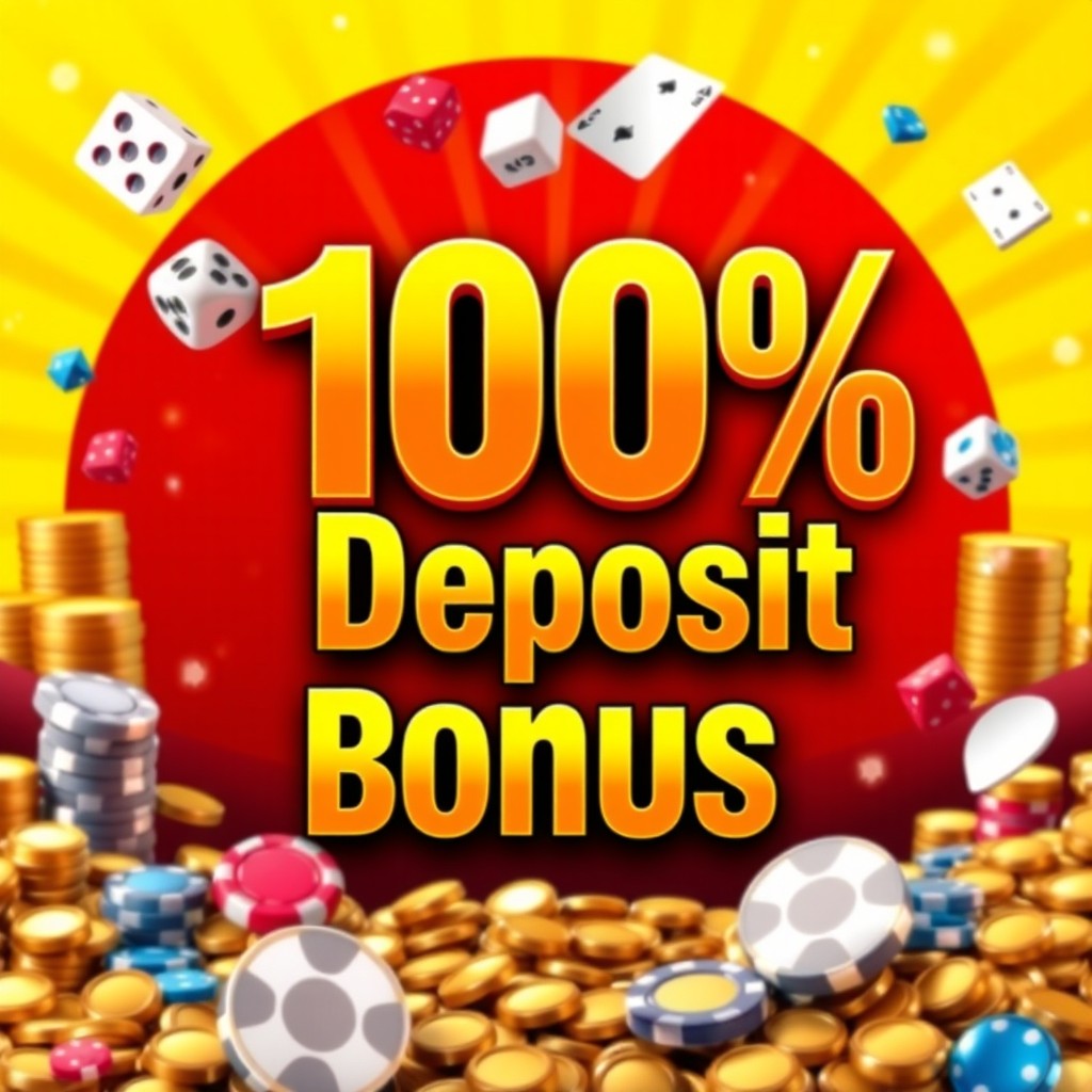 A promotional image for a casino or online betting platform showcasing a vibrant 100% deposit bonus