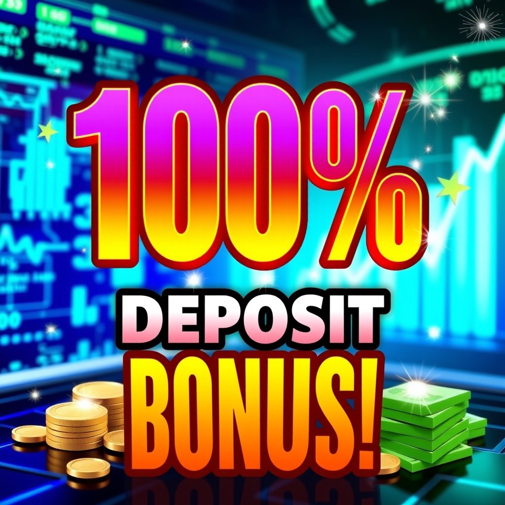 A visually striking promotional graphic showcasing a 100% deposit bonus, designed to attract attention
