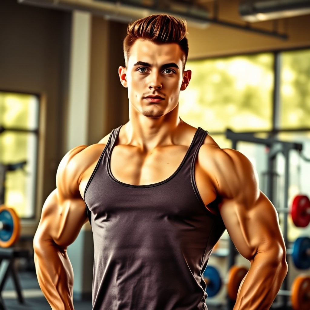 A muscular young man standing confidently in a dynamic pose, showcasing well-defined muscles and strong physique