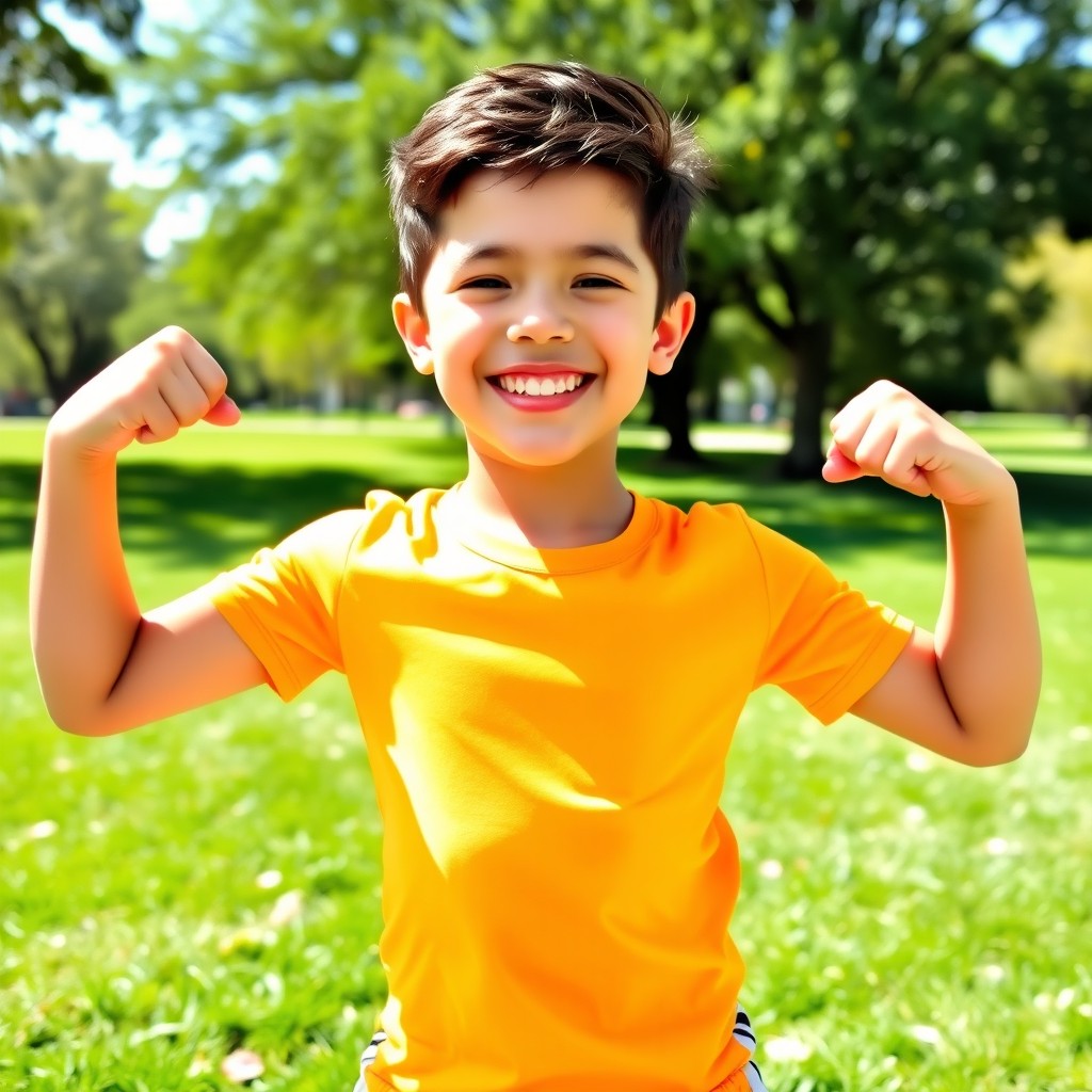 A young boy displaying a strong and energetic stance, with a cheerful smile that reflects his playful spirit