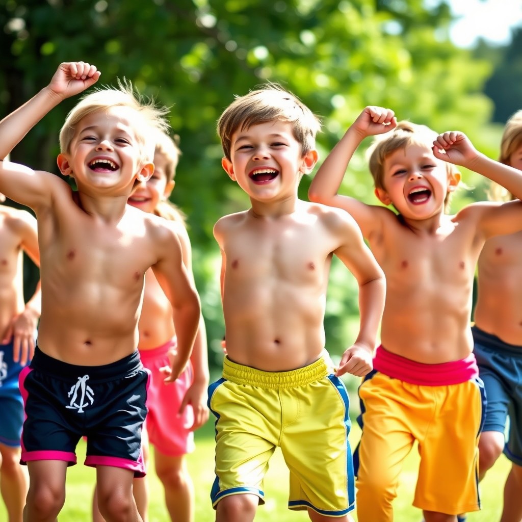 A group of energetic children displaying strong, athletic builds, each showcasing defined six-pack abs