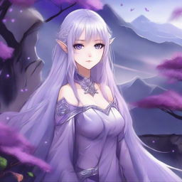 Anime girl who is a half-elf with long, silver hair and vibrant purple eyes standing in a fantasy landscape.