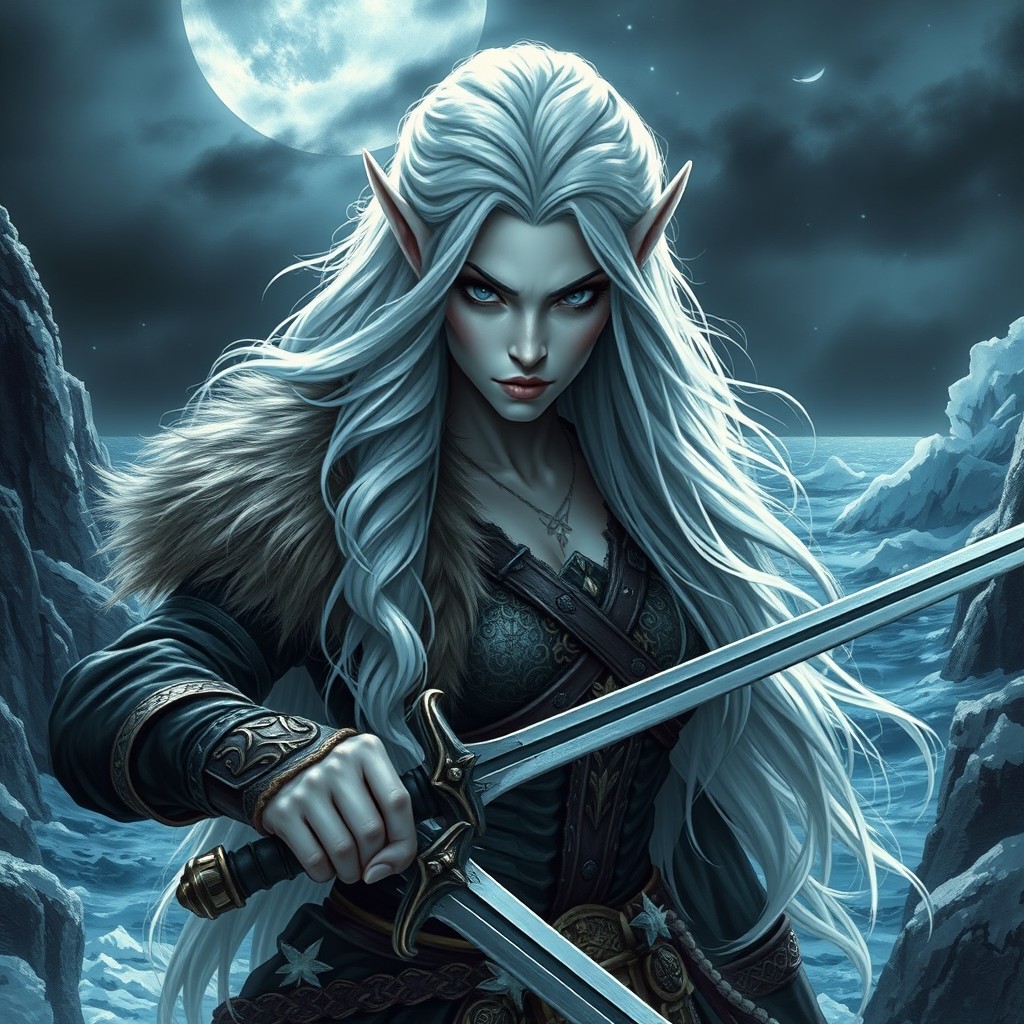 A fierce and captivating snow elf pirate queen, featuring long, flowing white hair illuminated by the moonlight
