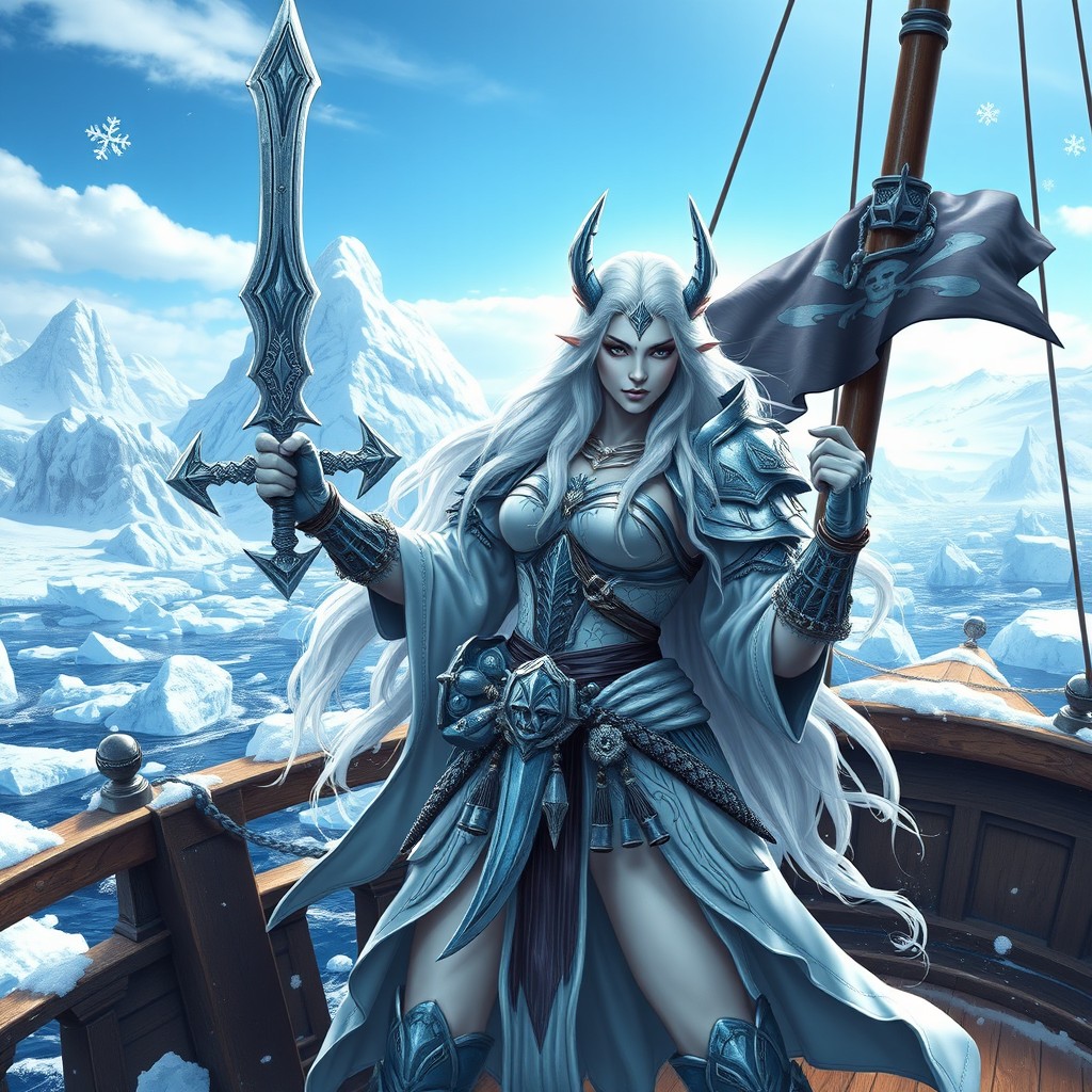 A fierce and striking snow elf pirate queen, adorned in intricate icy armor, with long flowing white hair and a prominent scar across her neck, standing confidently on the deck of a majestic ship