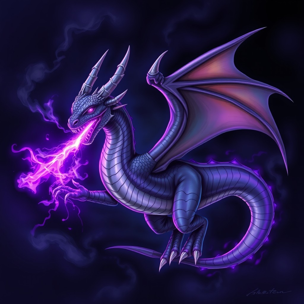 A vivid, highly detailed illustration of a dragon named Banguela, characterized by its sleek body and sharp features, breathing purple plasma fire