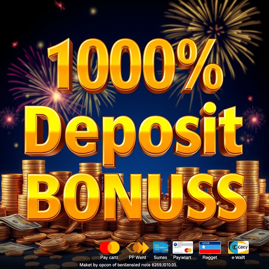 A vibrant, eye-catching promotional image showcasing a bold '100% Deposit Bonus' text in large, shiny gold letters