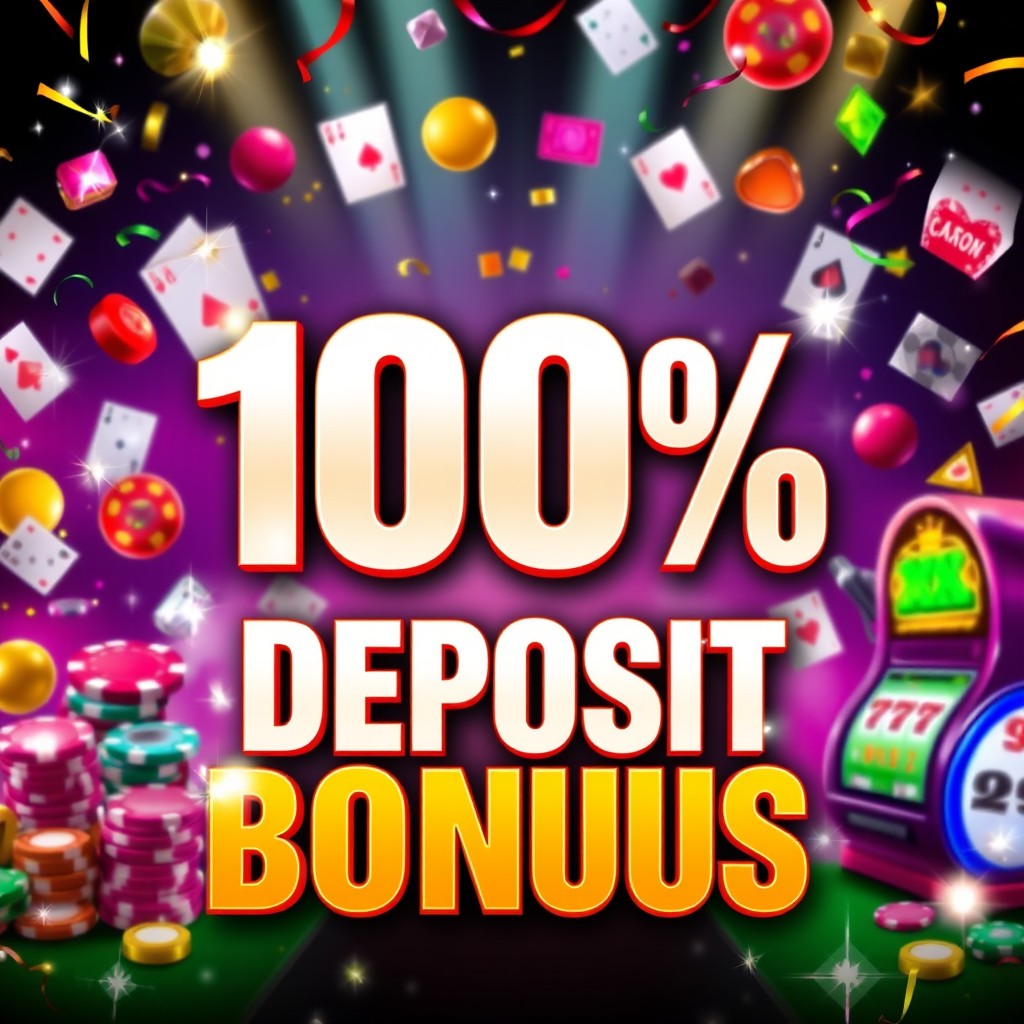 A vibrant and eye-catching promotional graphic for a casino or gaming website, featuring bold text that reads '100% Deposit Bonus' in a modern font