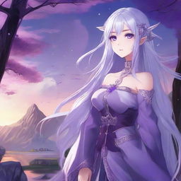 Anime girl who is a half-elf with long, silver hair and vibrant purple eyes standing in a fantasy landscape.