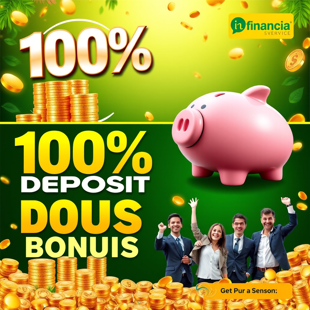 A visually striking advertisement for a financial service featuring a vibrant graphic of a large 100% Deposit Bonus with an eye-catching design
