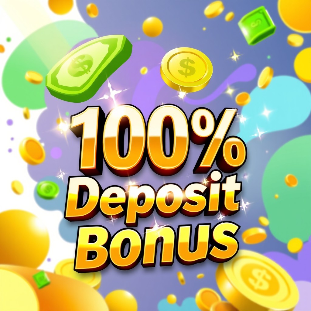 A digital illustration showcasing a vibrant and eye-catching 100% deposit bonus advertisement
