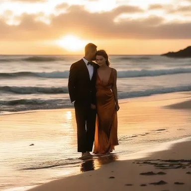 The sunset turned the sky into a romantic ocher hue, casting a warm glow over the couple as they walked along the beach.