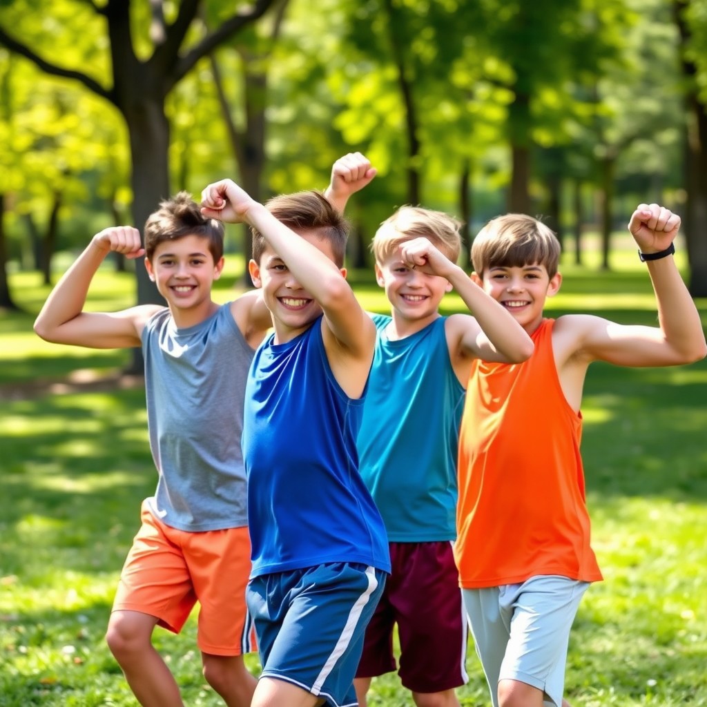 A group of energetic 13-year-old boys showcasing their athleticism and strength while participating in a friendly outdoor sports activity