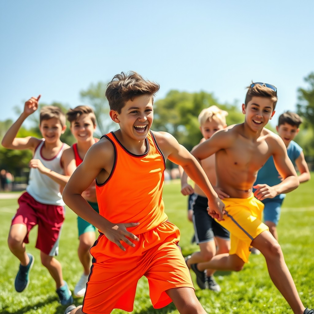 A lively scene featuring a group of 13-year-old boys engaging in an exciting outdoor sports game, showcasing their athletic physiques