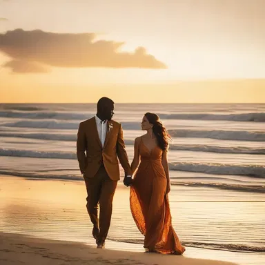 The sunset turned the sky into a romantic ocher hue, casting a warm glow over the couple as they walked along the beach.