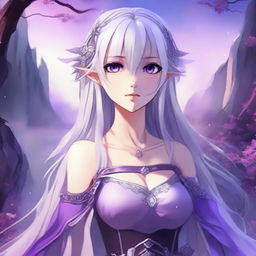 Anime girl who is a half-elf with long, silver hair and vibrant purple eyes standing in a fantasy landscape.