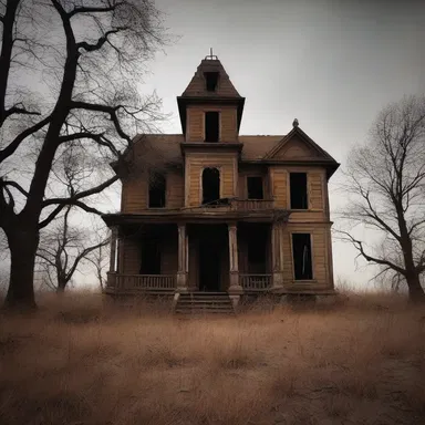The haunted house stood ominously amidst the barren landscape, its decaying walls covered in an eerie, ocher color that sent shivers down the spine.