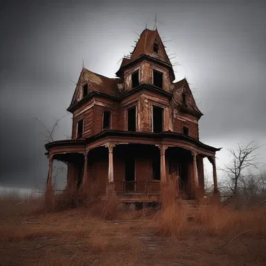 The haunted house stood ominously amidst the barren landscape, its decaying walls covered in an eerie, ocher color that sent shivers down the spine.