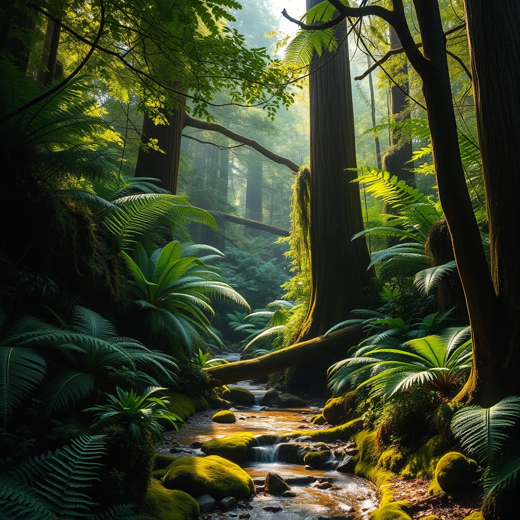 A lush New Zealand forest scene featuring dense green foliage, towering tree ferns, and traditional native trees such as the kauri and rimu
