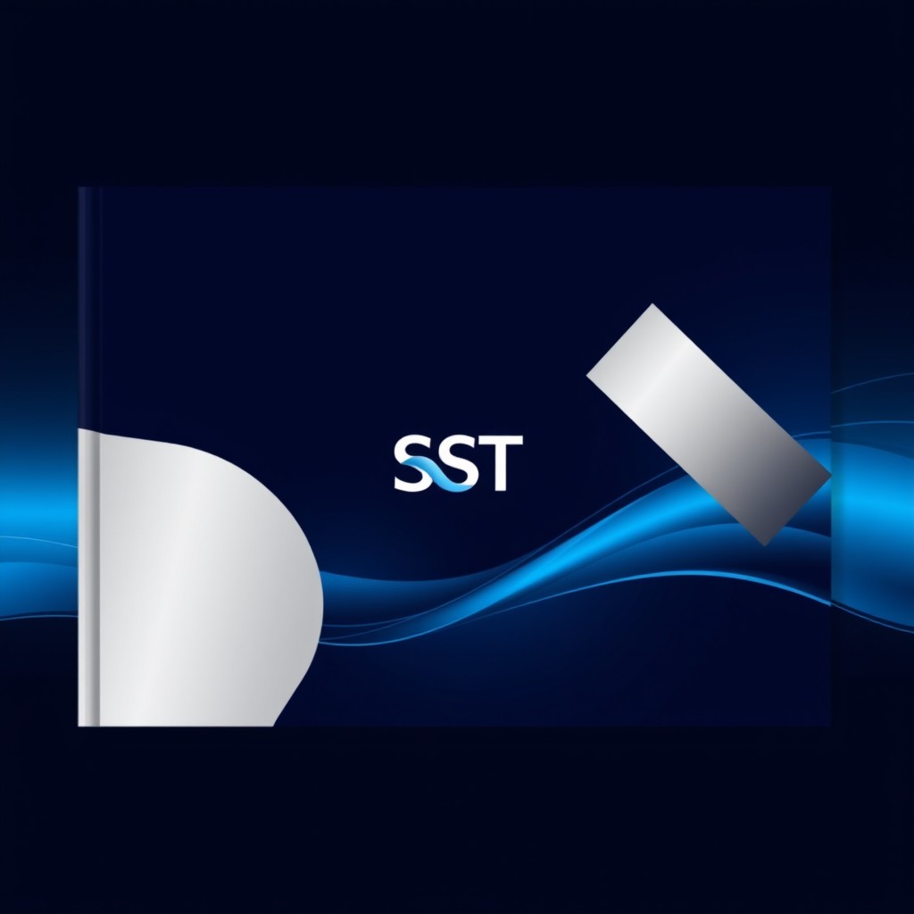 A sophisticated and sleek portfolio cover design for a fictional company named SST