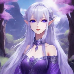 Anime girl who is a half-elf with long, silver hair and vibrant purple eyes standing in a fantasy landscape.