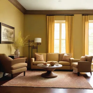 The designer chose an ocher color palette for the walls to give the room a warm and earthy feel.