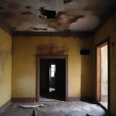 The old abandoned house had an eerie atmosphere, with ocher stains on the walls adding to the horror movie vibe.