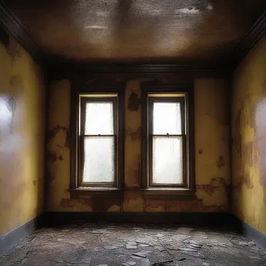 The old abandoned house had an eerie atmosphere, with ocher stains on the walls adding to the horror movie vibe.