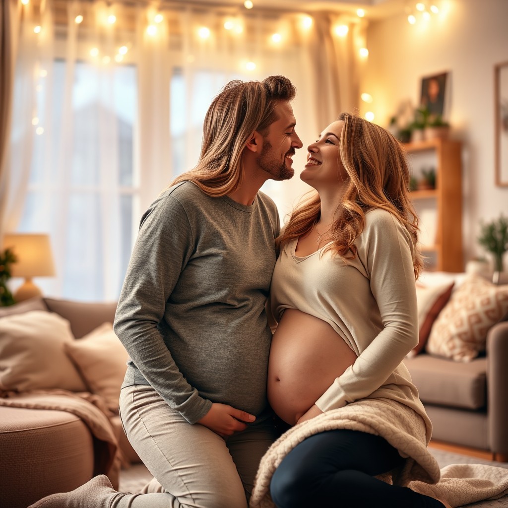 A tender moment between two women, one of whom is pregnant, sharing a loving kiss