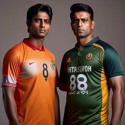 A man wearing the number 8 jersey of the Iranian national football team standing beside Indian cricketer MS Dhoni