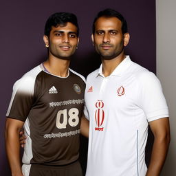 A man wearing the number 8 jersey of the Iranian national football team standing beside Indian cricketer MS Dhoni