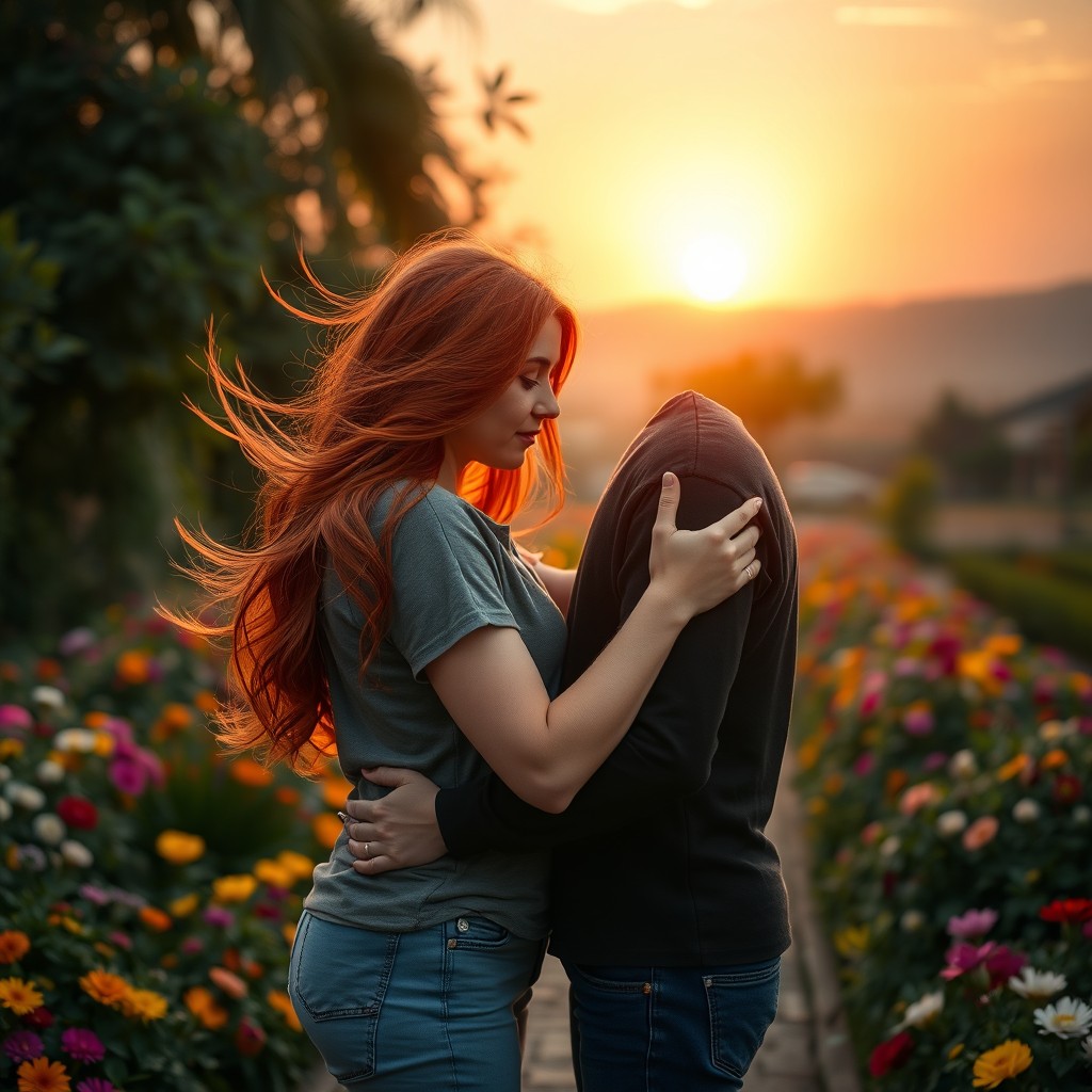 A romantic couple in an intimate embrace, featuring a striking redhead with flowing hair, gently leaning into her partner