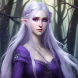 Generate an image of a half-elf girl with long silver hair and purple eyes, displaying a cold gaze. She is amid a magical forest background.