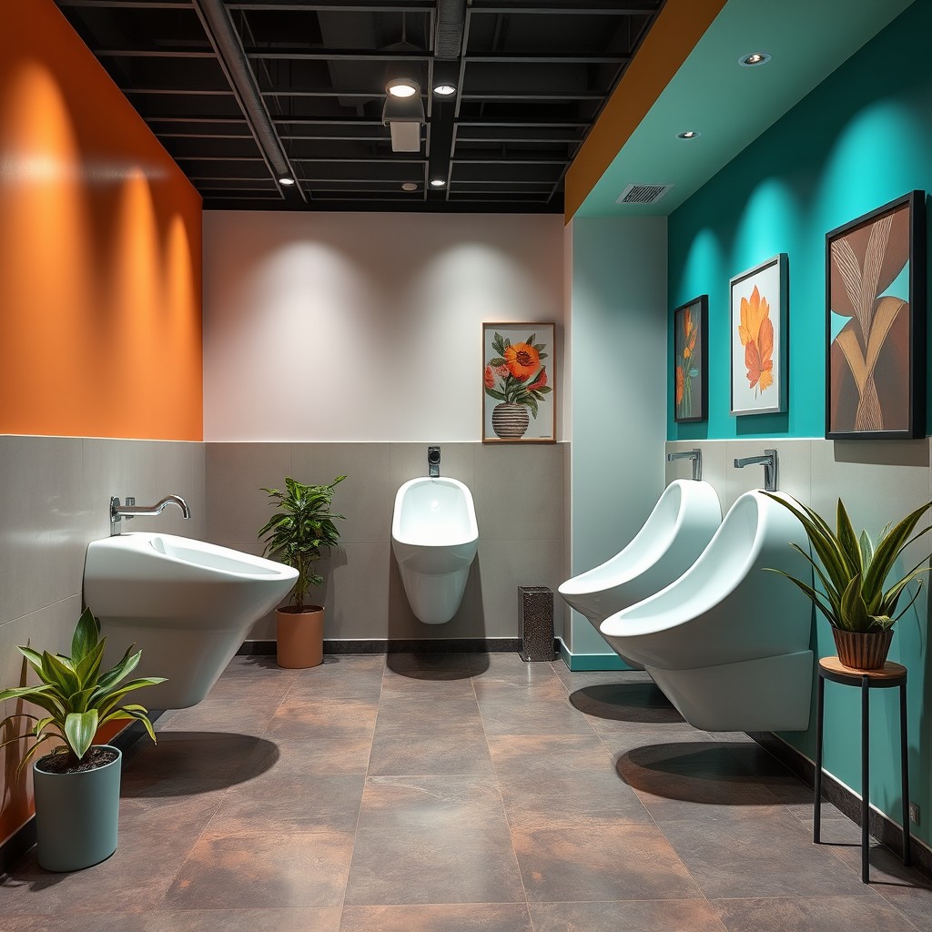 A unique and innovative women's restroom featuring modern urinals specifically designed for women, complete with sleek curves and stylish finishes